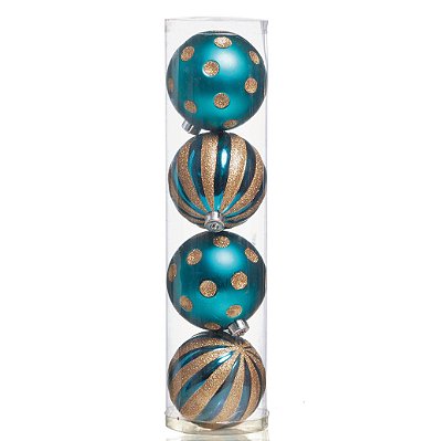 Bolas de Natal Azul Tiffany com Poa e Listras Ouro 12cm Jogo com 4 Un - Bolas Natalinas - Ref 1690304 Cromus