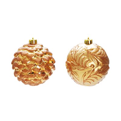 Bolas de Natal Dourada com Ramos e Relevo 10cm Jogo com 4Un - Bolas Natalinas - Ref 1517819 Cromus