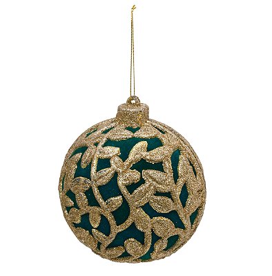 Bolas de Natal Verde Esmeralda com Folhas Douradas 10cm Jogo com 4Un - Bolas Natalinas - Ref 1924669 Cromus