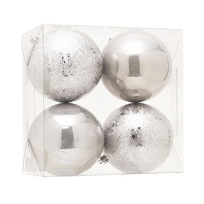 Bola de Natal Perolada e Craquelada Prata 10cm Jogo com 4Un - Bolas Natalindas - Ref 1921322 Cromus