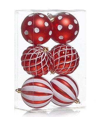 Bolas de Natal Sortidas Vermelho e Branco 8cm Jogo com 6Un - Bolas Natalinas - Ref 1690267 Cromus