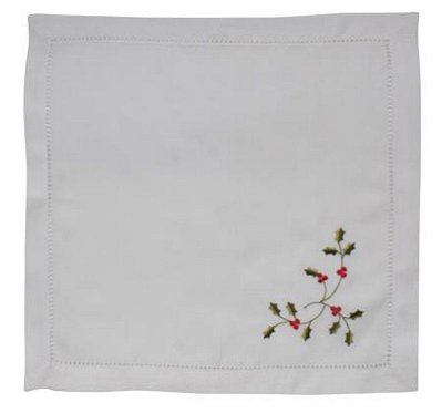 Guardanapo de Tecido Branco Bordado Azevinhos 45x45 com 1 Unidade - Ref 1020387 Cromus