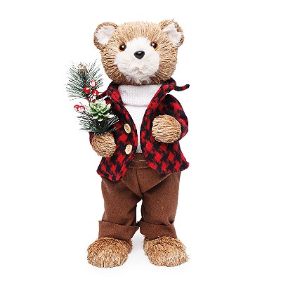 Urso de Palha em Pé com Galho na Mão 38cm - Coleção Seattle - Ref 1208718 Cromus