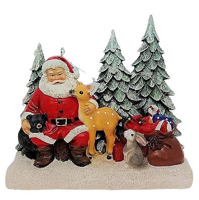 Papai Noel de Resina Sentado com Pinheiros e Animais com Luz e Som - Colecionáveis - Ref 1018091 Cromus