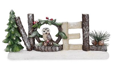 Letreiro de Resina Noel com Pinheiro e Coruja 14x30cm - Cenários de Natal - Ref 1018937 Cromus