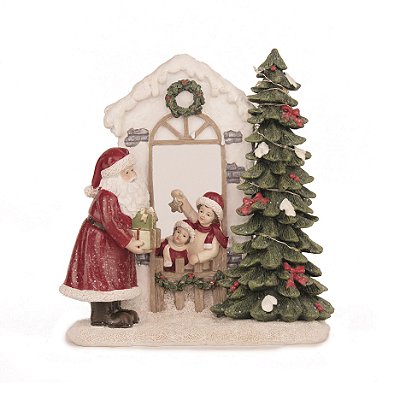 Papai Noel de Resina no Portal com Crianças e Arvore de Natal com Led 22x20x9cm - Coleção Classiques - Ref 1018618 Cromus