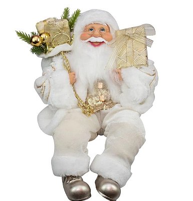 Boneco Papai Noel Sentado com Roupa Branca e Dourada 40cm - Coleção Noeis - Ref 1017096 Cromus