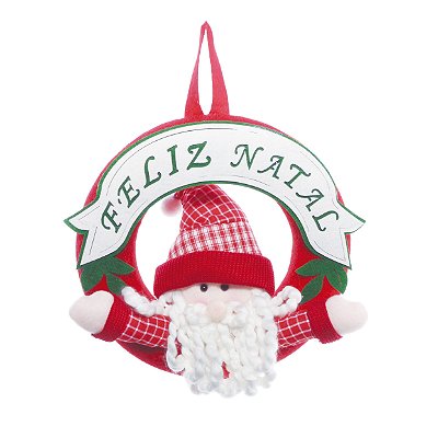 Guirlanda de Natal Feliz Natal Papai Noel Xadrez Vermelho e Branco 30x30cm - Coleção Cinnamon - Ref 1690140 Cromus