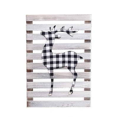 Quadro De Madeira com Rena Xadrez Preto e Branco 40x28cm - Coleção Quadrinhos - Ref 1208350 Cromus