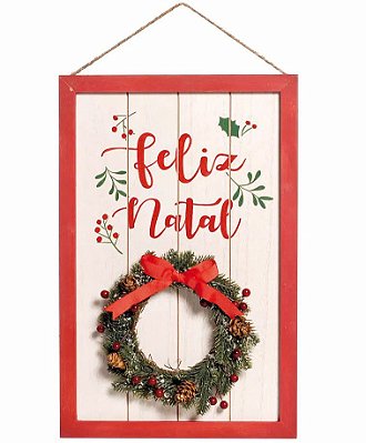 Quadro Decorativo de Madeira Feliz Natal com Guirlanda de Galhos 40x26cm - Coleção Quadrinhos - Ref 1698201 Cromus