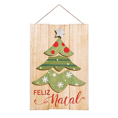 Quadro Decorativo de Madeira Pinheiro Feliz Natal 35x25cm - Coleção Quadrinhos - Ref 1698210 Cromus