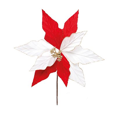 Flor de Natal Poisentia de Veludo Branco e Vermelho - Flores Cabo Curto - Ref 1201964 Cromus