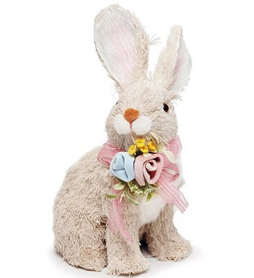 Coelho de Palha Italiana Sentado com Flores 25x15cm - Coleção Pistache - Ref 1827148 Cromus