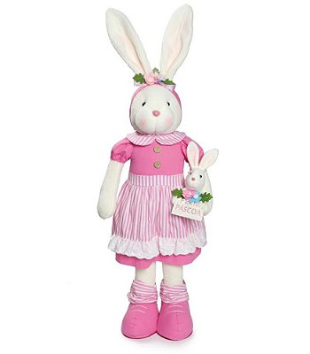 Coelha em Pé Segurando Filhote com Vestido Rosa 80cm - Coleção Espumone - Ref 1822051 Cromus