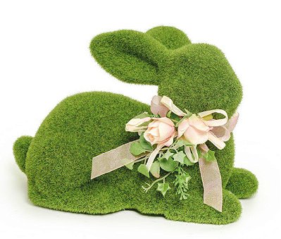 Coelho de Grama Deitado com Flores No Pescoço 29cm - Coleção Rustic - Ref 1822638 Cromus