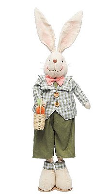 Coelho de Tecido em Pé com Paletó Xadrez Segurando Cesta 68cm - Coleção Papaya - Ref 1013290 Cromus
