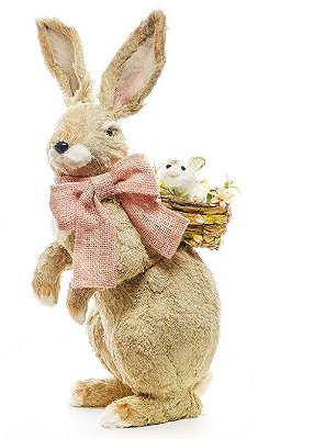 Coelha de Palha Italiana em Pé com Cesta e Filhote nas Costas 58cm - Coleção Tartufo - Ref 1823419F Cromus