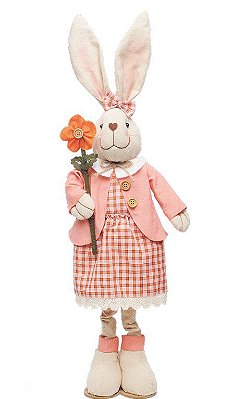 Coelha de Tecido em Pé com Vestido Xadrez Segurando Flor 68cm - Coleção Papaya - Ref 1013291 Cromus