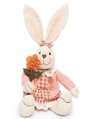 Coelha de Tecido Sentada Segurando Flor 40cm - Coleção Papaya - Ref 1013295 Cromus