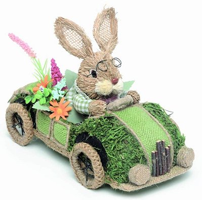 Coelho de Palha em Carro de Musgo 20x15x32cm - Coleção Ms&Mrs Rabbit - Ref 1011282 Cromus