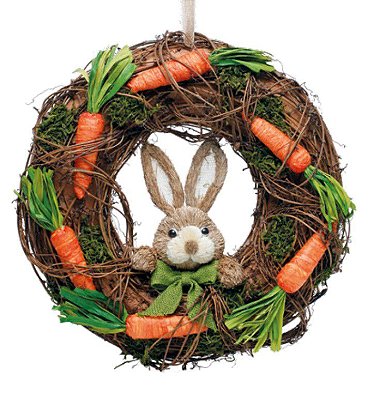 Guirlanda de Páscoa de Cipó com Apliques de Cenouras e Cabeça Coelho de Palha 40x40cm - Coleção Fondant - Ref 1827179 Cromus