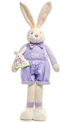 Coelho em Pé com Macacão Lilas e Placa Feliz Páscoa com Filhote 65cm - Coleção Sweet Lilac - Ref 1822478 Cromus