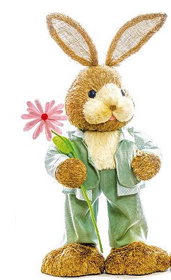 Coelho de Palha em Pé com Flor na Mão e Roupa Verde 63cm - Coleção Bem Casado - Ref 1822997 Cromus