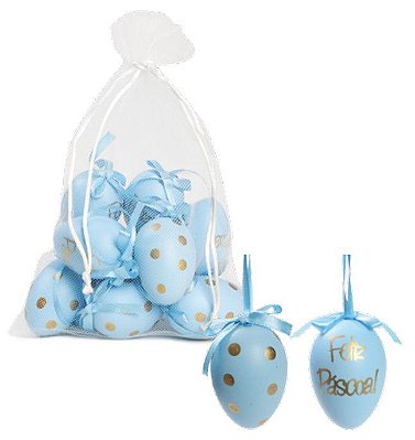 Ovos Para Pendurar Tipo Codorna Azul e Dourado Feliz Páscoa em Saco de Voal Jogo com 9 Unidades - Coleção Picolé - Ref 1821340 Páscoa Cromus