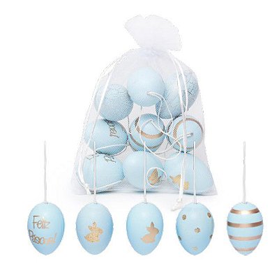 Ovos Para Pendurar Tipo Codorna Azul e Dourado Feliz Páscoa em Saco de Voal Jogo com 9 Unidades - Coleção Picolé - Ref 1825276 Páscoa Cromus