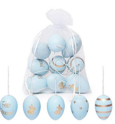 Ovos Para Pendurar Tipo Galinha Azul e Dourado em Saco de Voal Jogo com 9 Unidades - Coleção Picolé - Ref 1825275 Páscoa Cromus