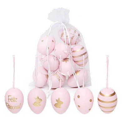 Ovos Para Pendurar Tipo Galinha Rosa e Dourado em Saco de Voal Jogo com 9 Unidades - Coleção Picolé - Ref 1825287 Páscoa Cromus