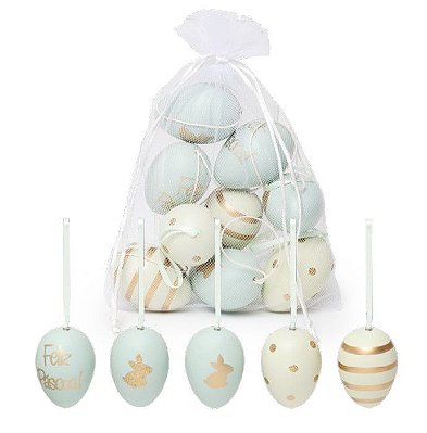 Ovos Para Pendurar Tipo Galinha Verde Claro e Dourado em Saco de Voal Jogo com 9 Unidades - Coleção Picolé - Ref 1825293 Páscoa Cromus