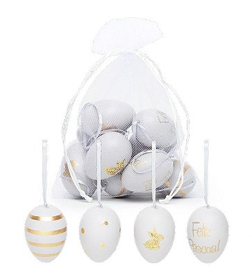 Ovos Para Pendurar Tipo Galinha Cinza com Dourado em Saco de Voal Jogo com 9 Unidades - Coleção Picolé - Ref 1012962 Páscoa Cromus