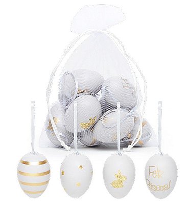Ovos Para Pendurar Tipo Codorna Cinza com Dourado em Saco de Voal Jogo com 9 Unidades - Coleção Picolé - Ref 1012963 Páscoa Cromus