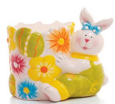 Pote Cerâmica com Coelho Sentado 13x14x13cm - Cerâmicas de Páscoa - Ref 211315 Cromus