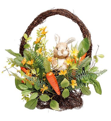 Guirlanda Cesta Decorativa de Cipó com Flores e Cenouras, e Coelho de Palha 42x45cm - Coleção Fondant - Ref 1825029 Cromus