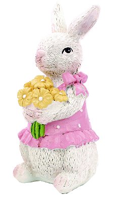 Coelha Decorativa de Resina em Pé com Flores na Mão 10x5x6cm - Cute Family - Ref 1020318F Cromus