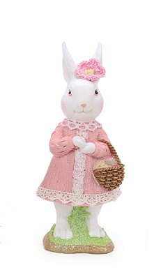 Coelha Decorativa de Resina em Pé com Vestido Rosa e Cesta de Ovos 16x5x7.5cm - Cute Family - Ref 1020303F Cromus