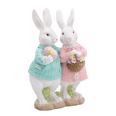 Casal de Coelhos de Resina em Pé com Cestas de Ovos 21x14x9cm - Cute Family - Ref 1014826 Cromus