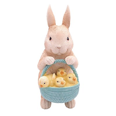 Coelho Decorativo de Resina com Cesta de Pássaros 24x10x16cm - Cute Family - Ref 1014619 Cromus