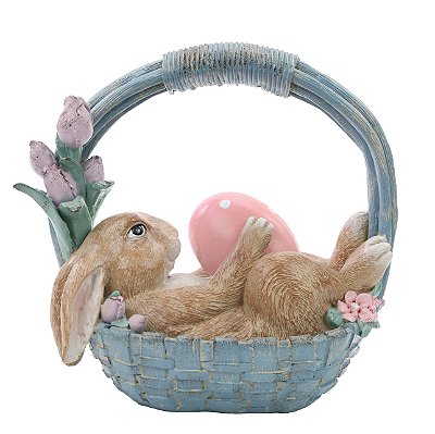 Coelho Decorativo de Resina Deitado na Cesta com Ovos e Flores 22.5x24x13cm - Cute Family - Ref 1020323 Cromus