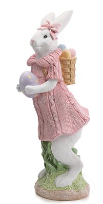 Coelha Decorativa de Resina em Pé com Cesta de Ovos Nas Costas 40x12x16cm - Cute Family - Ref 1014823F Cromus
