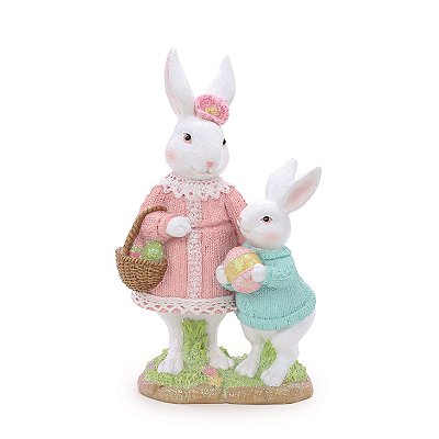 Coelha Decorativa de Resina com Filhote e Cesta de Ovos 22x13x7cm - Cute Family - Ref 1020304 Cromus
