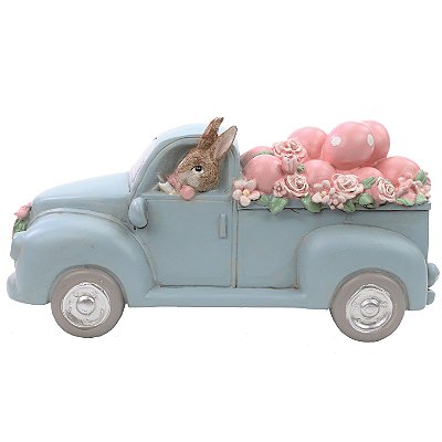 Coelho Decorativo de Resina Dentro do Carro com Ovos e Flores 12x25x10cm - Cute Family - Ref 1020324 Cromus