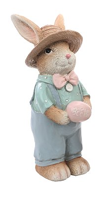 Coelho Decorativo de Resina com Chapéu e Ovo na Mão 29.5x12x12cm - Cute Family - Ref 1020339 Cromus