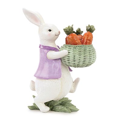 Coelho Decorativo de Resina com Blusa Lilas e Cesto de Cenouras 21.5x8.5x13.5 - Flor de Malva - Ref 1025610 Cromus