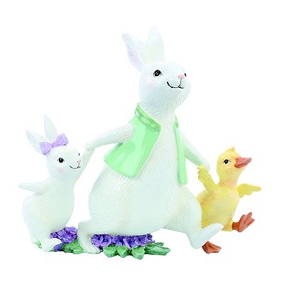 Coelho Decorativo de Resina com Filhote e Pato 16.5x18x6.5cm - Flor de Malva - Ref 1020344 Cromus