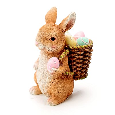 Coelho Decorativo de Resina com Cesta de Ovos nas Costas 12x6x9cm -Coleção Ternura - Ref 1014287 Cromus