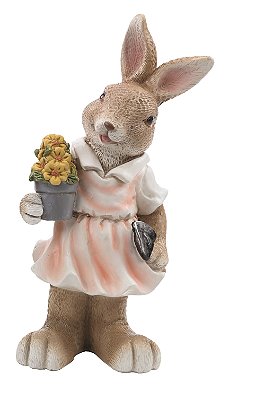 Coelha de Resina com Vestido Rosa e Vaso de Flores 21.5x10x6cm - Coleção Ternura - Ref 1018822F Cromus