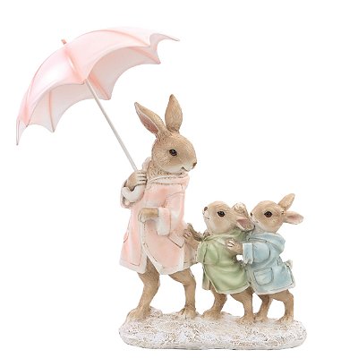 Coelha Decorativa de Resina com Guarda Chuva Rosa e Filhotes 25.5x23.5x15cm - Coleção Ternura - Ref 1018823 Cromus